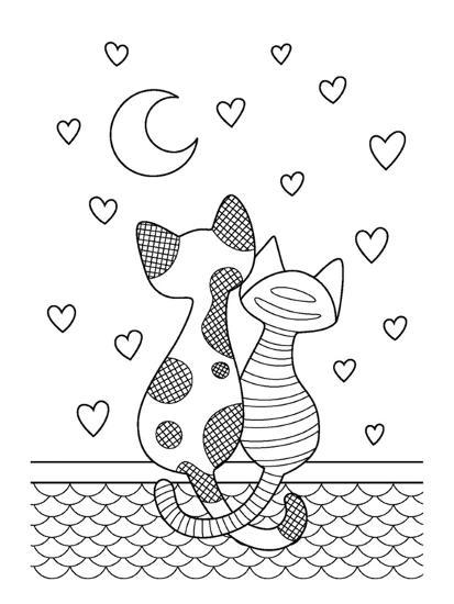 Download 'Vector Doodle Coloring Book Page Cats Sitting on the Roof and Look at the Moon on Hearts ...