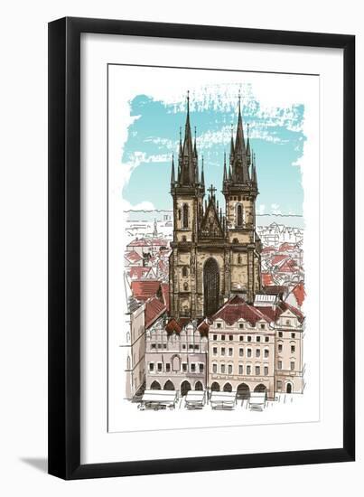 Vector Drawing of Church Our Lady before Tyn in Prague, Czech Republic-Misha-Framed Art Print