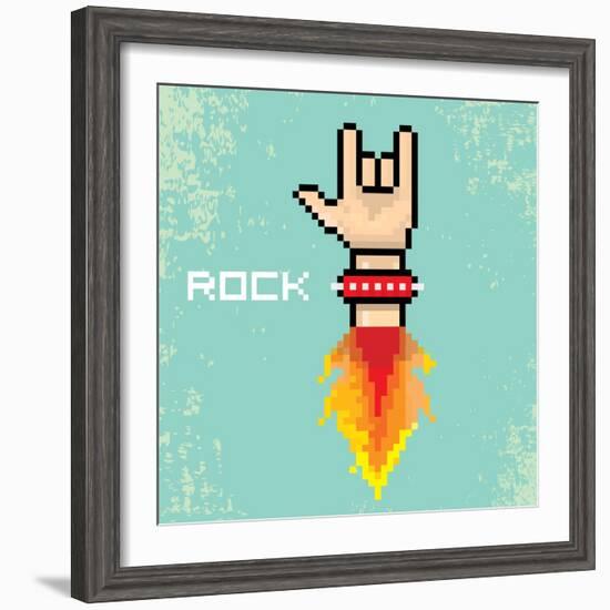 Vector Flat Pixel Rock N Roll Icon with Fire-rock n roll-Framed Premium Giclee Print