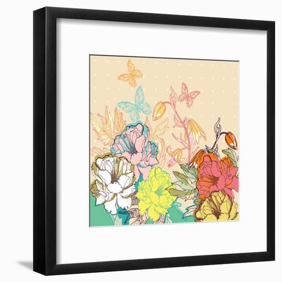 Vector Floral Illustration of Colorful Summer Flowers and Butterflies-Anna Paff-Framed Art Print