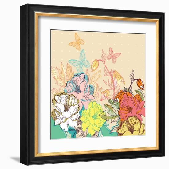 Vector Floral Illustration of Colorful Summer Flowers and Butterflies-Anna Paff-Framed Art Print