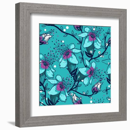 Vector Floral Seamless Pattern with Blooming Apple Tree-Anna Paff-Framed Art Print