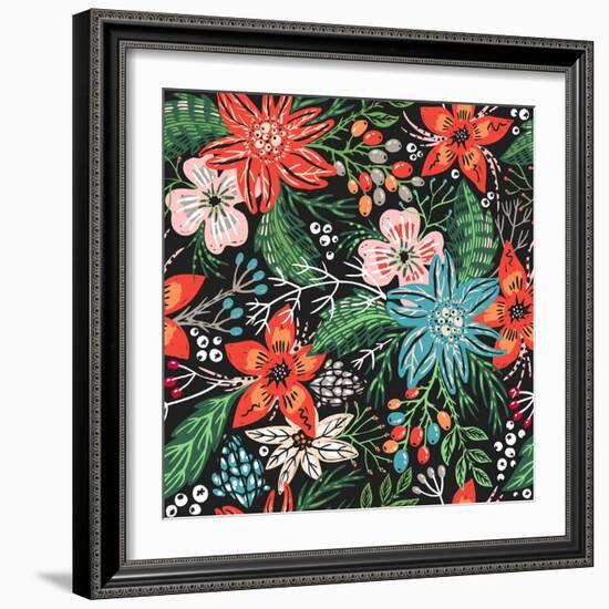 Vector Floral Seamless Pattern with Colorful Christmas Flowers-Anna Paff-Framed Art Print