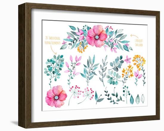 Vector Floral Set.Colorful Purple Floral Collection with Leaves and Flowers,Drawing Watercolor-KaterinaS-Framed Art Print