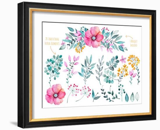Vector Floral Set.Colorful Purple Floral Collection with Leaves and Flowers,Drawing Watercolor-KaterinaS-Framed Art Print