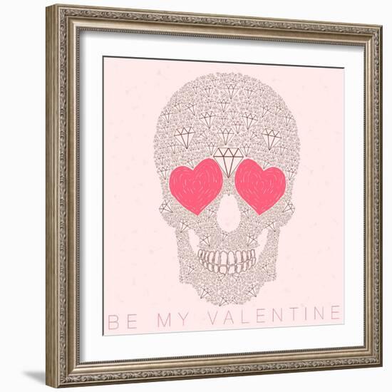 Vector Funny, Candy, Brown Skull with Heart Eyes, Diamonds, Brilliants. Love and Valentine's Day-karnoff-Framed Art Print