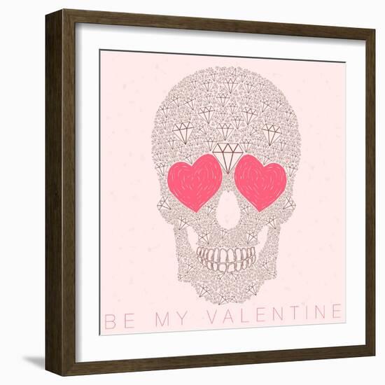 Vector Funny, Candy, Brown Skull with Heart Eyes, Diamonds, Brilliants. Love and Valentine's Day-karnoff-Framed Art Print