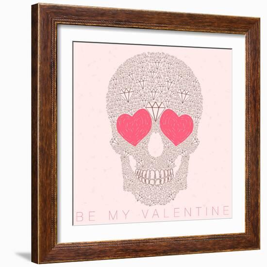 Vector Funny, Candy, Brown Skull with Heart Eyes, Diamonds, Brilliants. Love and Valentine's Day-karnoff-Framed Art Print