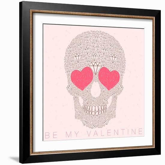 Vector Funny, Candy, Brown Skull with Heart Eyes, Diamonds, Brilliants. Love and Valentine's Day-karnoff-Framed Art Print