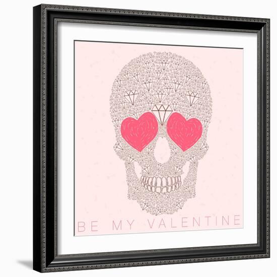 Vector Funny, Candy, Brown Skull with Heart Eyes, Diamonds, Brilliants. Love and Valentine's Day-karnoff-Framed Art Print