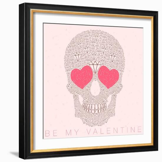 Vector Funny, Candy, Brown Skull with Heart Eyes, Diamonds, Brilliants. Love and Valentine's Day-karnoff-Framed Art Print