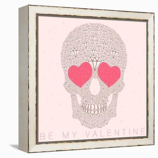 Vector Funny, Candy, Brown Skull with Heart Eyes, Diamonds, Brilliants. Love and Valentine's Day-karnoff-Framed Stretched Canvas