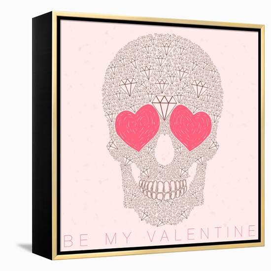 Vector Funny, Candy, Brown Skull with Heart Eyes, Diamonds, Brilliants. Love and Valentine's Day-karnoff-Framed Stretched Canvas