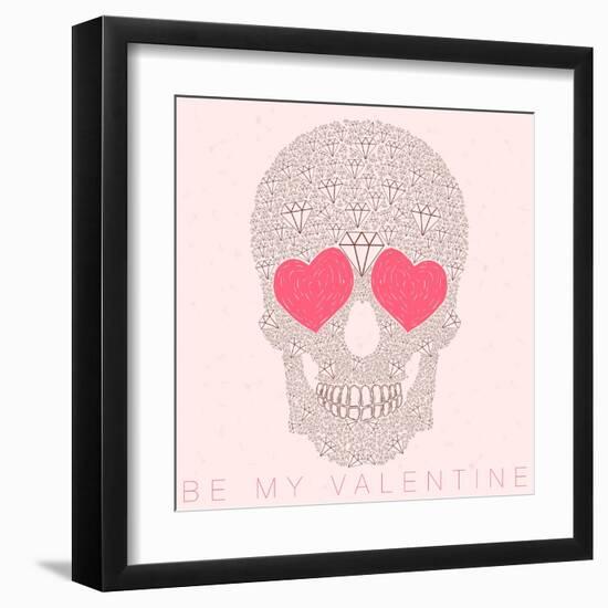 Vector Funny, Candy, Brown Skull with Heart Eyes, Diamonds, Brilliants. Love and Valentine's Day-karnoff-Framed Art Print