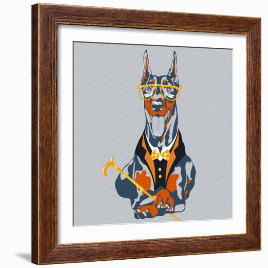 Vector Funny Cartoon Hipster Dog Doberman Pinscher Breed-kavalenkava volha-Framed Art Print