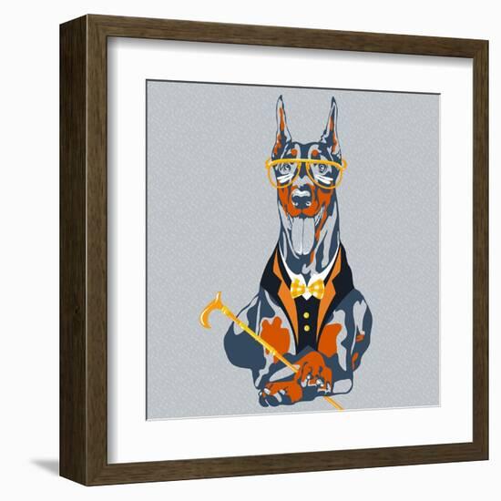 Vector Funny Cartoon Hipster Dog Doberman Pinscher Breed-kavalenkava volha-Framed Art Print