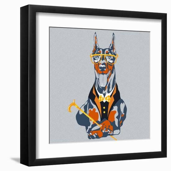 Vector Funny Cartoon Hipster Dog Doberman Pinscher Breed-kavalenkava volha-Framed Art Print