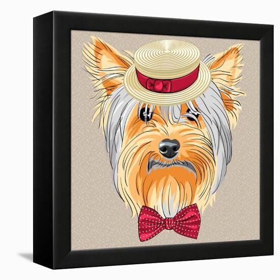 Vector Funny Cartoon Hipster Dog Yorkshire Terrier-kavalenkava volha-Framed Stretched Canvas