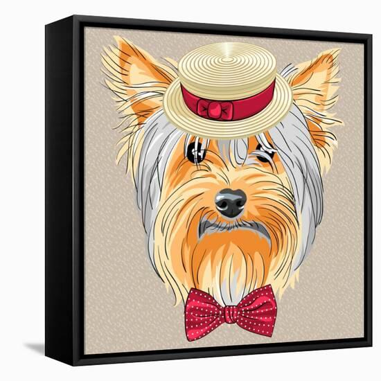 Vector Funny Cartoon Hipster Dog Yorkshire Terrier-kavalenkava volha-Framed Stretched Canvas