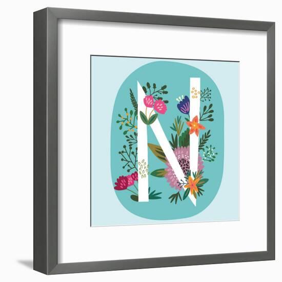 Vector Hand Drawn Floral Monogram with Vintage Amazing Flowers! Letters N Perfect for Backgrounds O-MarushaBelle-Framed Art Print