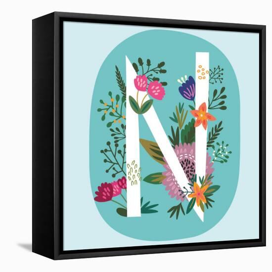 Vector Hand Drawn Floral Monogram with Vintage Amazing Flowers! Letters N Perfect for Backgrounds O-MarushaBelle-Framed Stretched Canvas