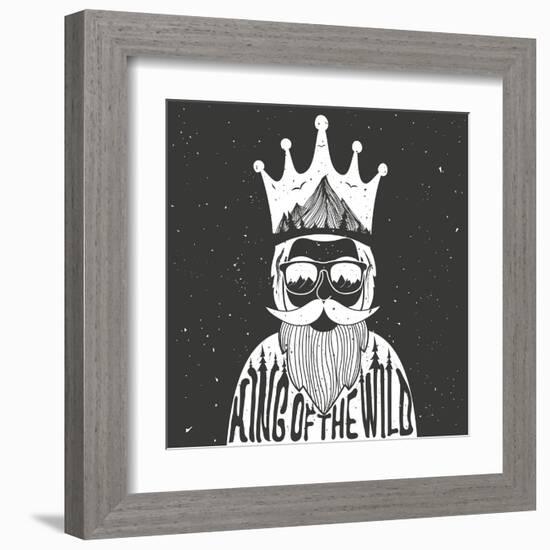 Vector Hand Drawn Style Typography Poster. A Man with Crown, Mountains and Trees Inside. King of Th-julymilks-Framed Art Print