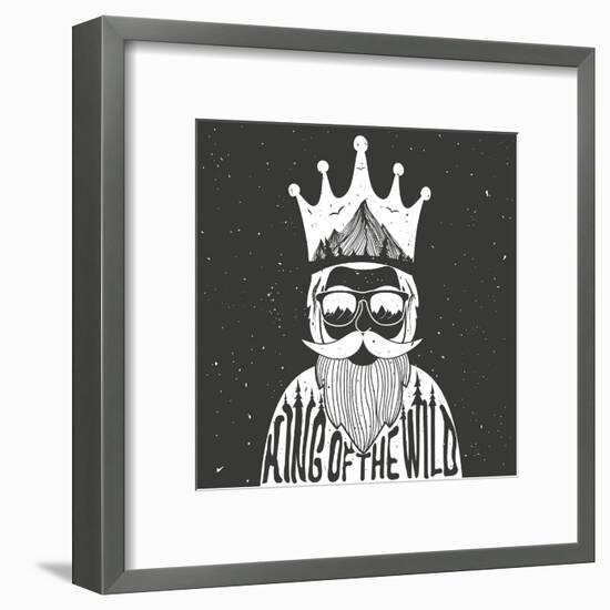 Vector Hand Drawn Style Typography Poster. A Man with Crown, Mountains and Trees Inside. King of Th-julymilks-Framed Art Print