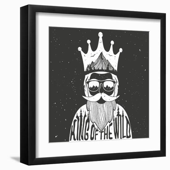 Vector Hand Drawn Style Typography Poster. A Man with Crown, Mountains and Trees Inside. King of Th-julymilks-Framed Art Print