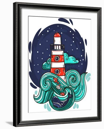 Vector Illustration Lighthouse in Storm Night Stars Space Waves Cloud-evasabrekova-Framed Art Print