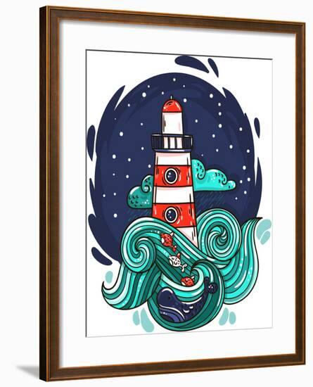 Vector Illustration Lighthouse in Storm Night Stars Space Waves Cloud-evasabrekova-Framed Art Print