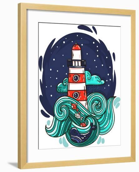 Vector Illustration Lighthouse in Storm Night Stars Space Waves Cloud-evasabrekova-Framed Art Print