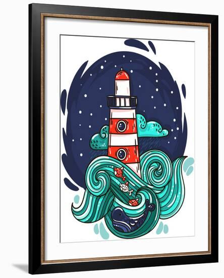 Vector Illustration Lighthouse in Storm Night Stars Space Waves Cloud-evasabrekova-Framed Art Print