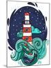 Vector Illustration Lighthouse in Storm Night Stars Space Waves Cloud-evasabrekova-Mounted Art Print