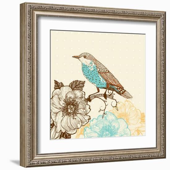 Vector Illustration of a Bird and Blooming Flowers in a Vintage Style-Anna Paff-Framed Art Print