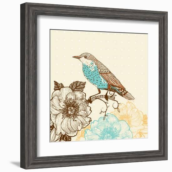 Vector Illustration of a Bird and Blooming Flowers in a Vintage Style-Anna Paff-Framed Art Print