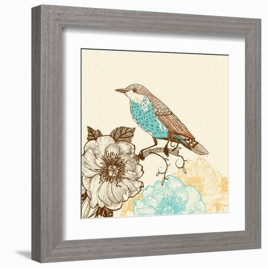 Vector Illustration of a Bird and Blooming Flowers in a Vintage Style-Anna Paff-Framed Art Print