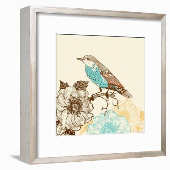Vector Illustration of a Bird and Blooming Flowers in a Vintage Style-Anna Paff-Framed Art Print