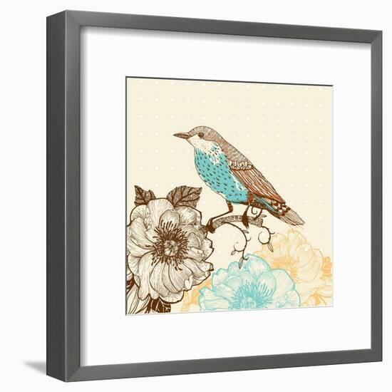 Vector Illustration of a Bird and Blooming Flowers in a Vintage Style-Anna Paff-Framed Art Print