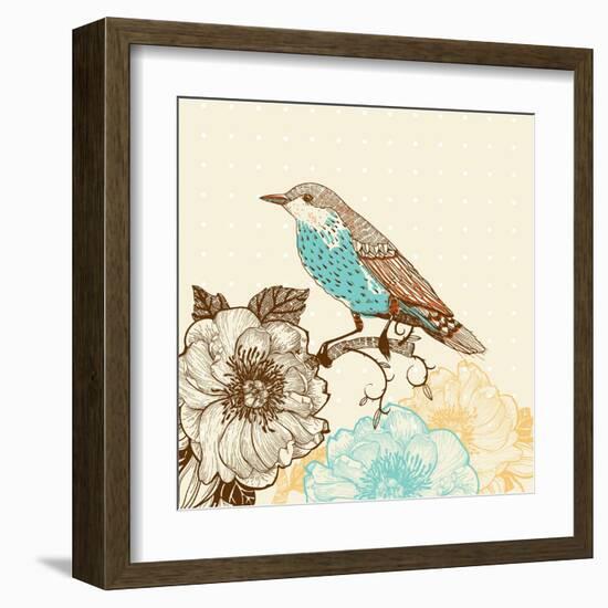 Vector Illustration of a Bird and Blooming Flowers in a Vintage Style-Anna Paff-Framed Art Print