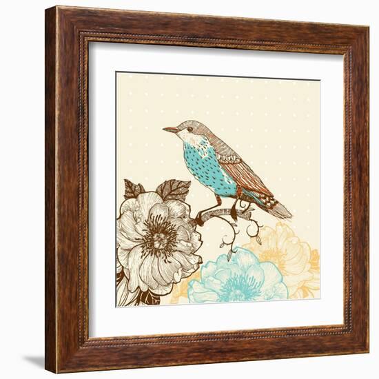 Vector Illustration of a Bird and Blooming Flowers in a Vintage Style-Anna Paff-Framed Art Print