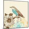 Vector Illustration of a Bird and Blooming Flowers in a Vintage Style-Anna Paff-Mounted Art Print