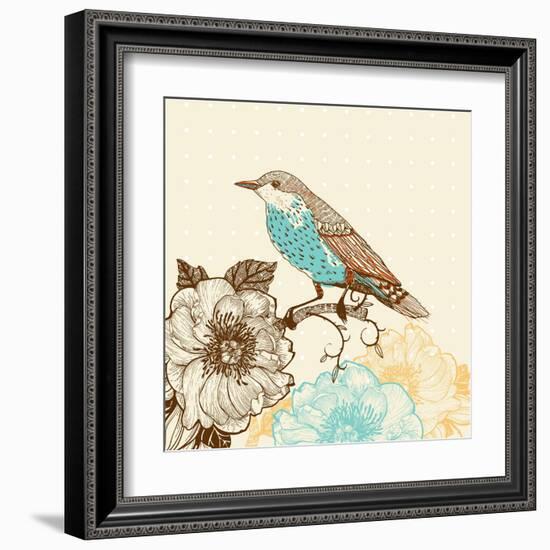 Vector Illustration of a Bird and Blooming Flowers in a Vintage Style-Anna Paff-Framed Art Print