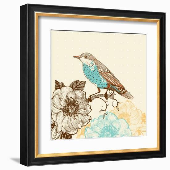 Vector Illustration of a Bird and Blooming Flowers in a Vintage Style-Anna Paff-Framed Art Print