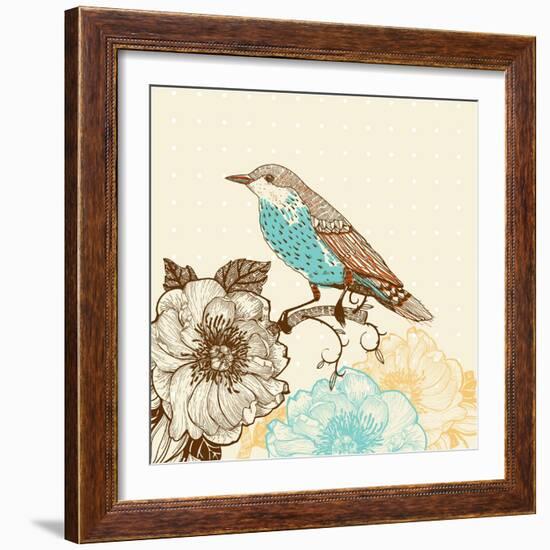 Vector Illustration of a Bird and Blooming Flowers in a Vintage Style-Anna Paff-Framed Art Print