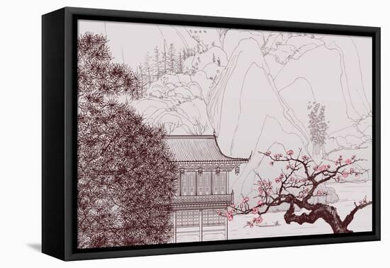 Vector Illustration of a Chinese Landscape in the Style of Old Chinese Painting-isaxar-Framed Stretched Canvas