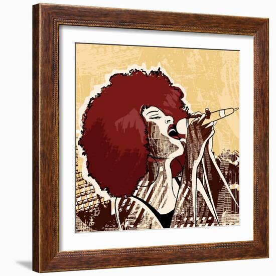 Vector Illustration of an Afro American Jazz Singer on Grunge Background-isaxar-Framed Art Print