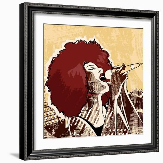 Vector Illustration of an Afro American Jazz Singer on Grunge Background-isaxar-Framed Art Print