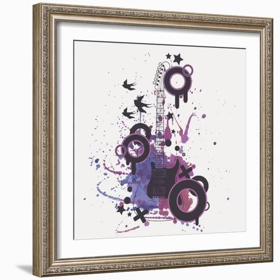 Vector Illustration of Electric Guitar with Watercolor Splash, Birds, Circles and Stars-Eireen Z-Framed Art Print