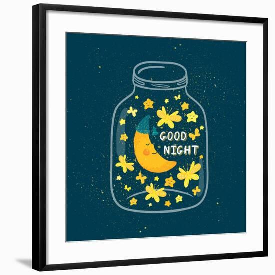 Vector Illustration of Jar with Sleepi?G Smiling Moon in the Nightcap, Butterflies, Stars. Cute Chi-Beskova Ekaterina-Framed Premium Giclee Print