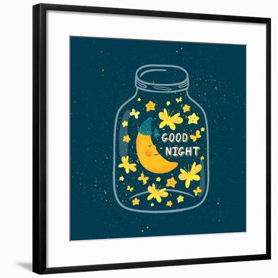 Vector Illustration of Jar with Sleepi?G Smiling Moon in the Nightcap, Butterflies, Stars. Cute Chi-Beskova Ekaterina-Framed Premium Giclee Print